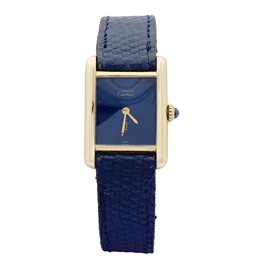 Cartier "Tank Must" watch, gold-plated silver, blue lacquered dial.