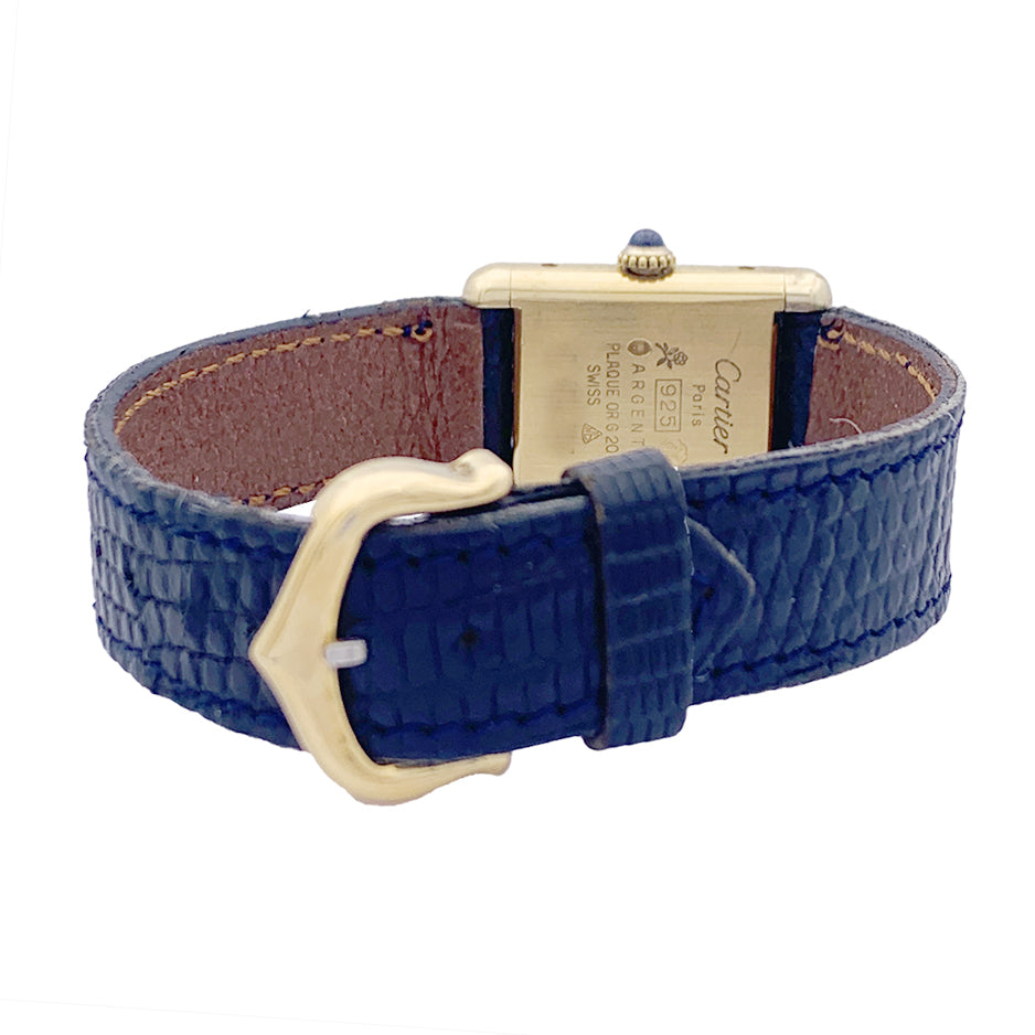 Cartier "Tank Must" watch, gold-plated silver, blue lacquered dial.