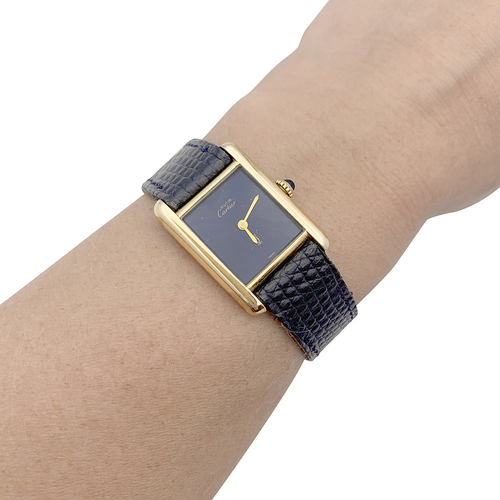 Cartier "Tank Must" watch, gold-plated silver, blue lacquered dial.