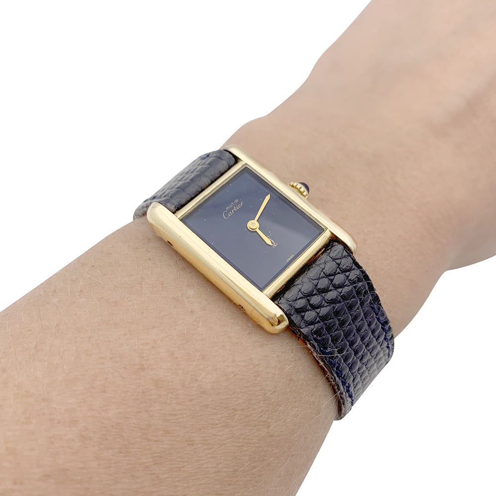 Cartier "Tank Must" watch, gold-plated silver, blue lacquered dial.
