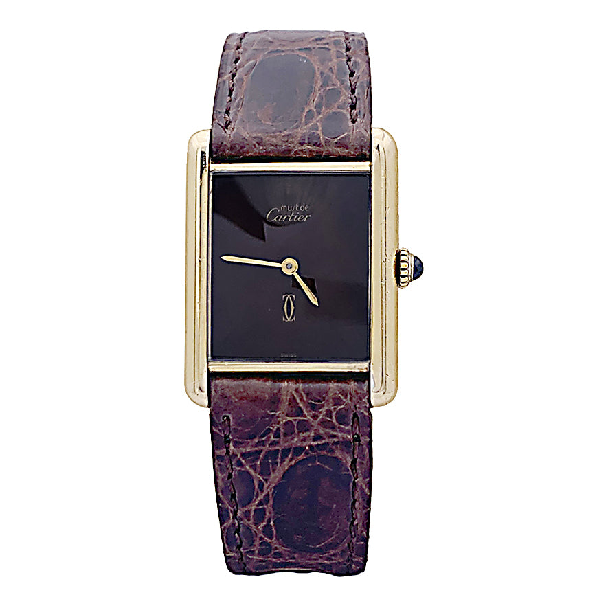 Cartier "Tank Must" watch, gold-plated silver, brown lacquered dial.