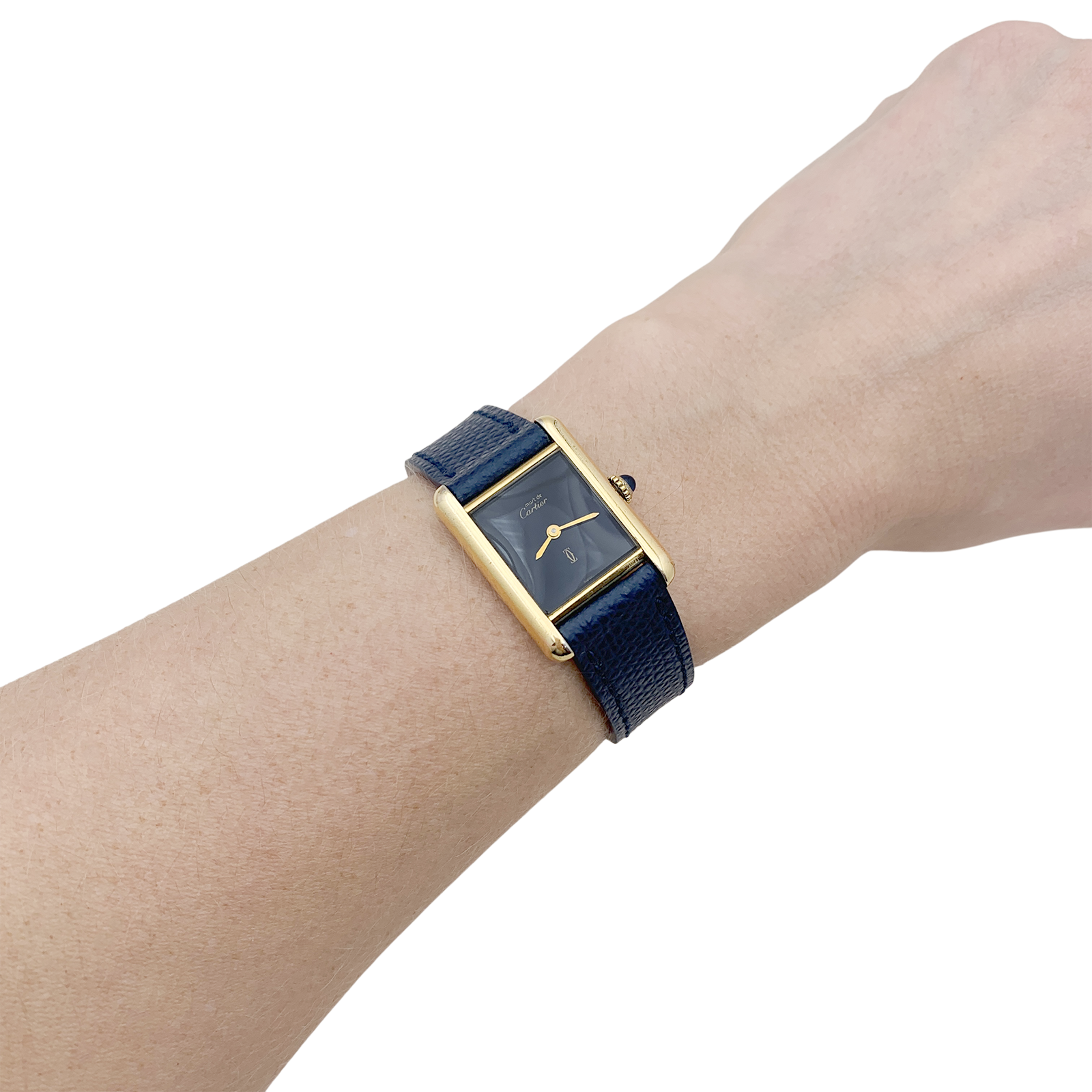 Cartier watch, "Tank Must", gold-plated silver, black lacquered dial.