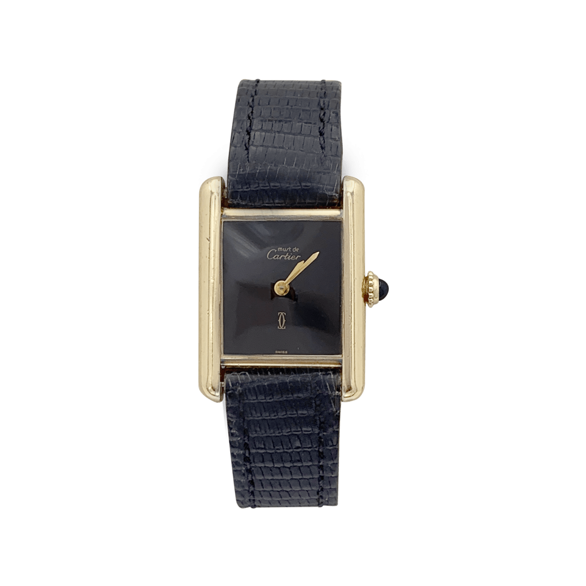 Montre Cartier "Tank Must" argent plaqué or, cadran laqué noir. - Maison Eloe