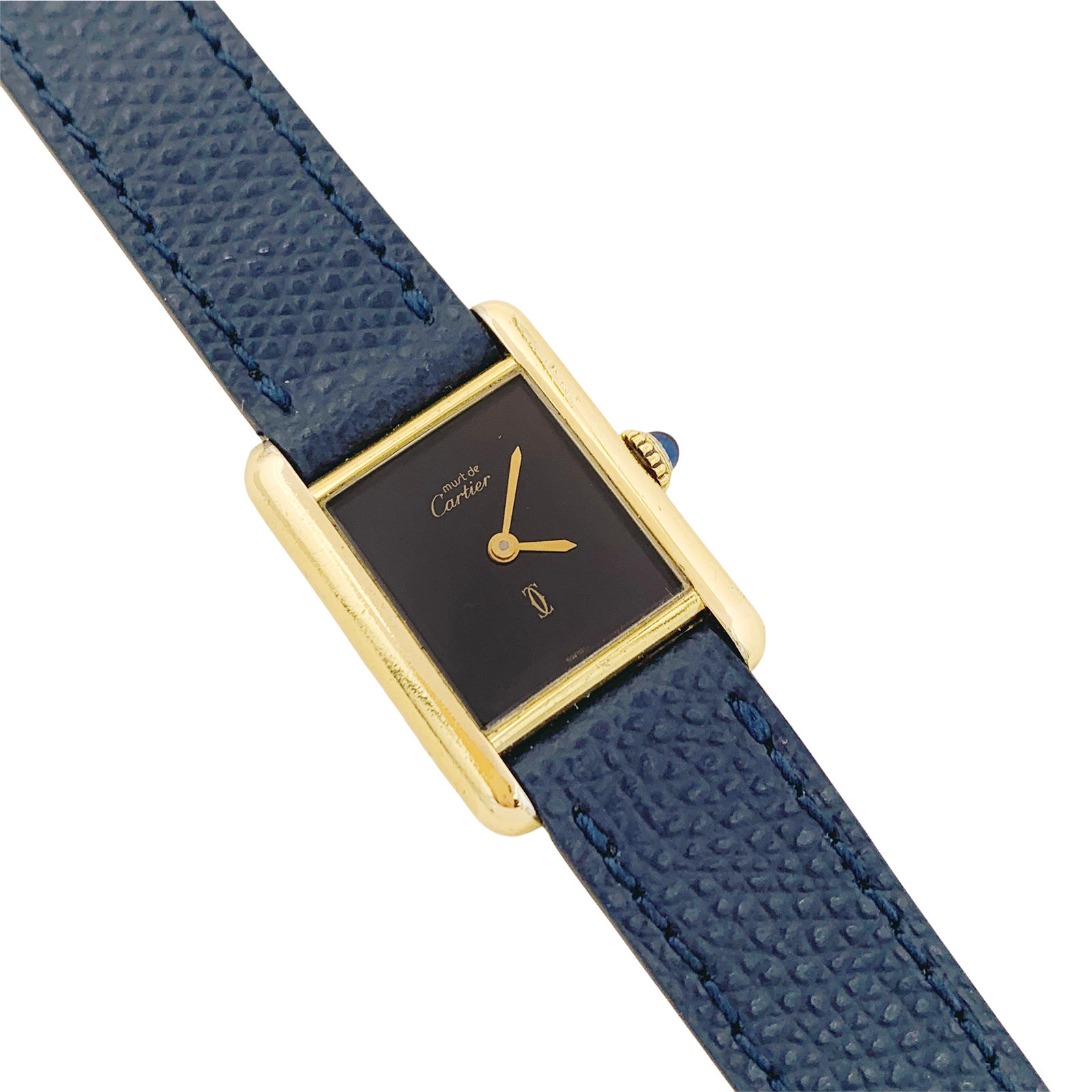 Cartier watch, "Tank Must", gold-plated silver, black lacquered dial.