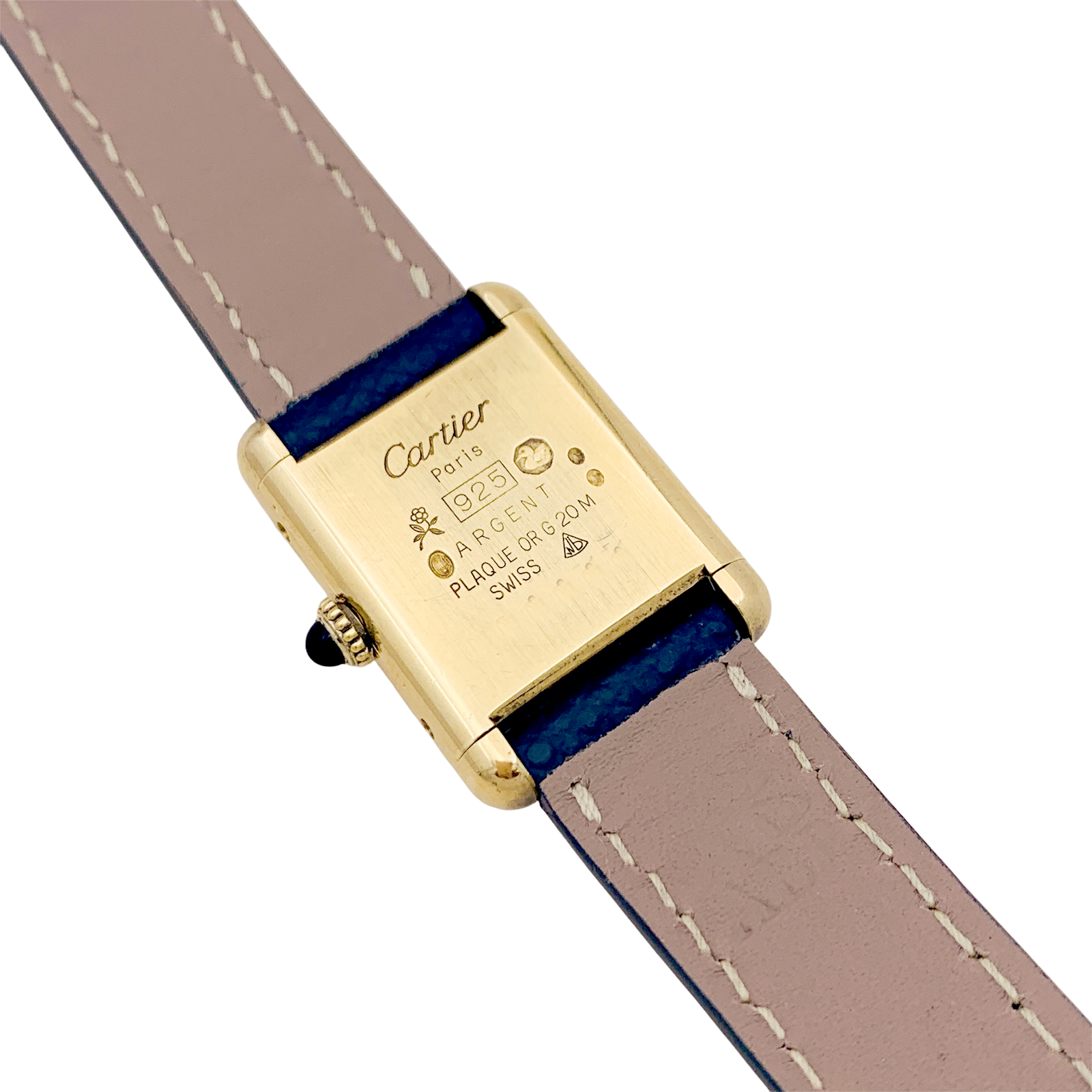 Cartier watch, "Tank Must", gold-plated silver, black lacquered dial.