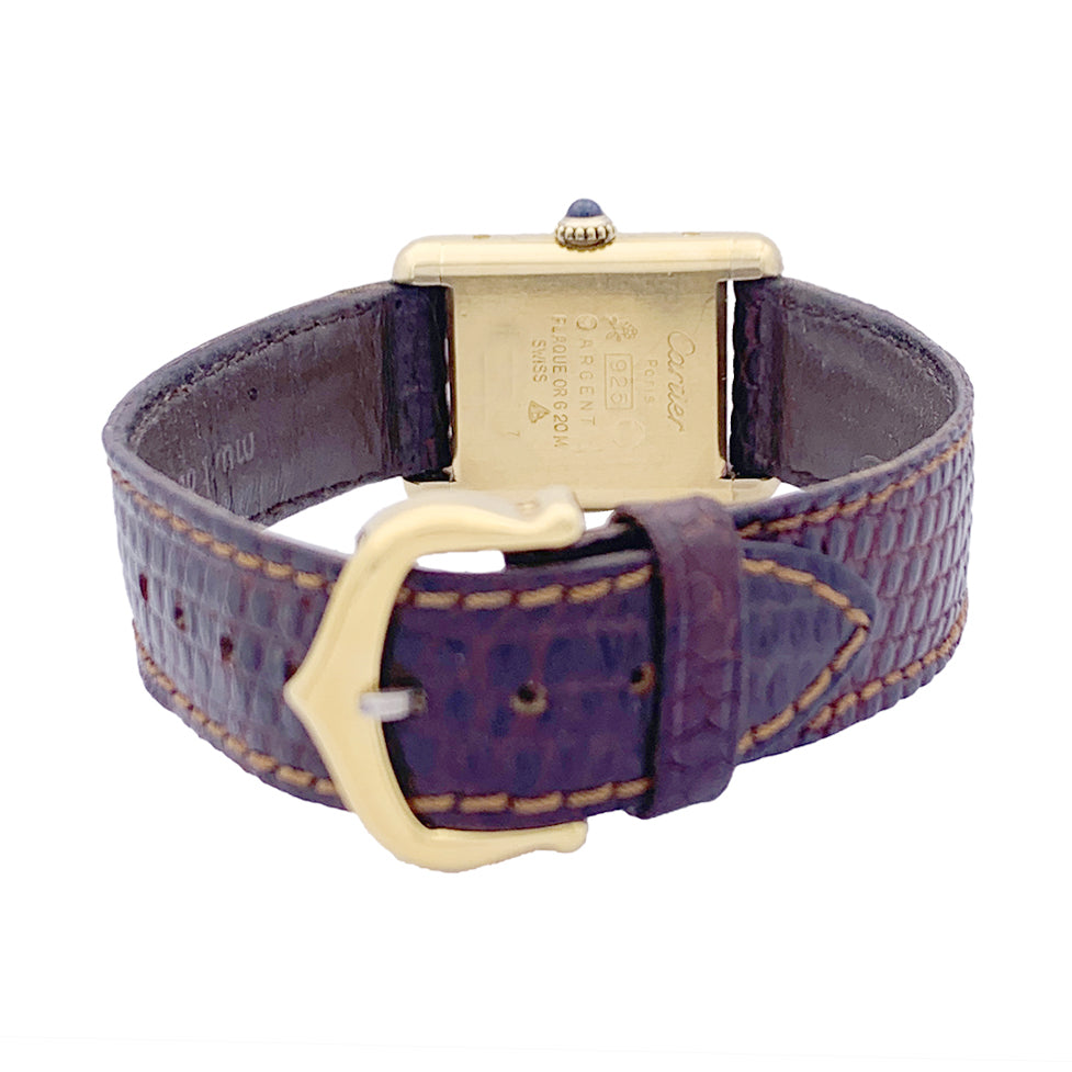 Cartier "Tank Must" watch, gold-plated silver, red lacquered dial.