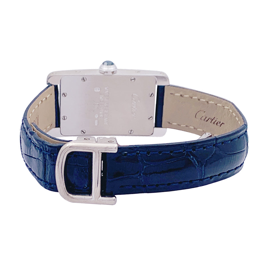 Cartier "American Tank" watch, white gold, leather strap.