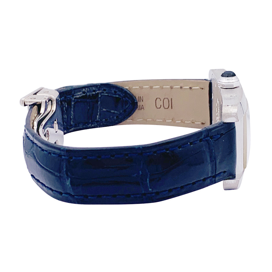 Cartier "American Tank" watch, white gold, leather strap.
