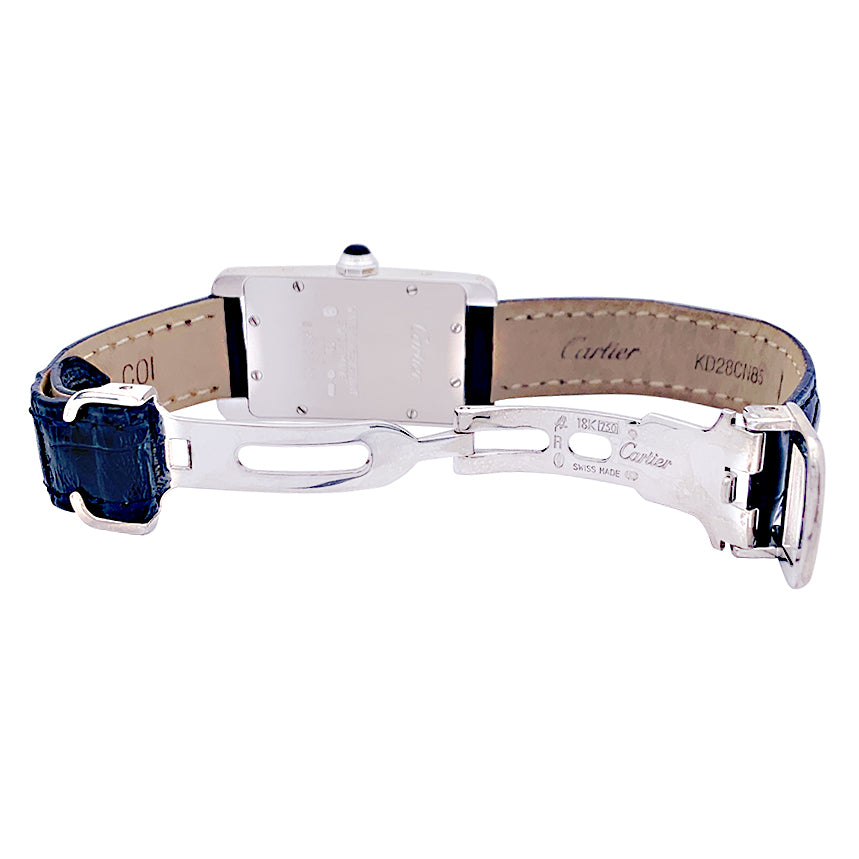 Cartier "American Tank" watch, white gold, leather strap.