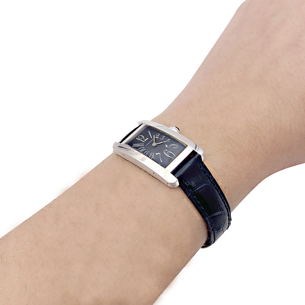 Cartier "American Tank" watch, white gold, leather strap.
