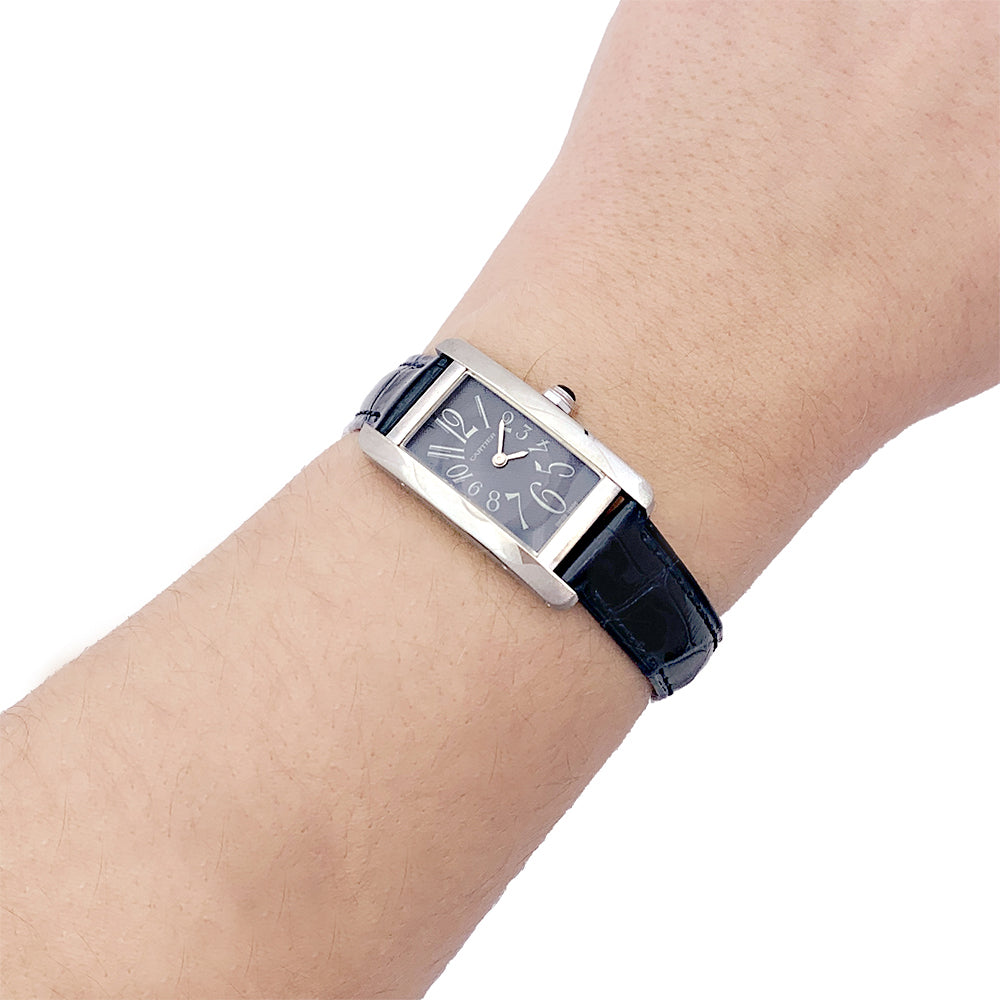 Cartier "American Tank" watch, white gold, leather strap.