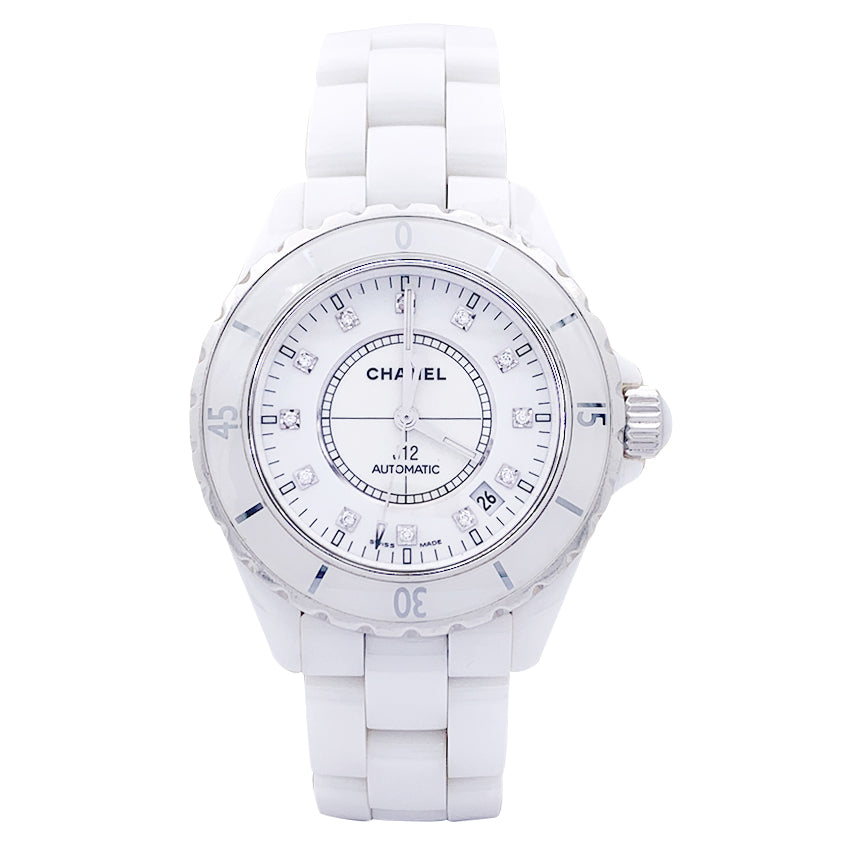 Montre Chanel "J12" céramique blanche, diamants.