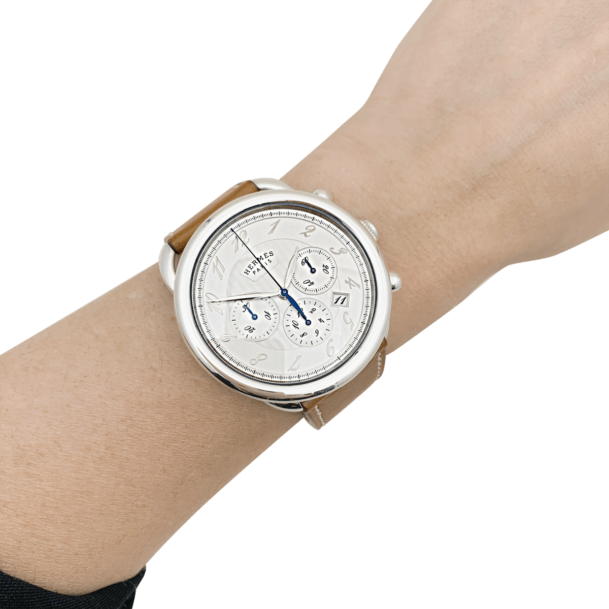 Montre Hermès, "Arceau Chronographe", acier, cuir. - Maison Eloe