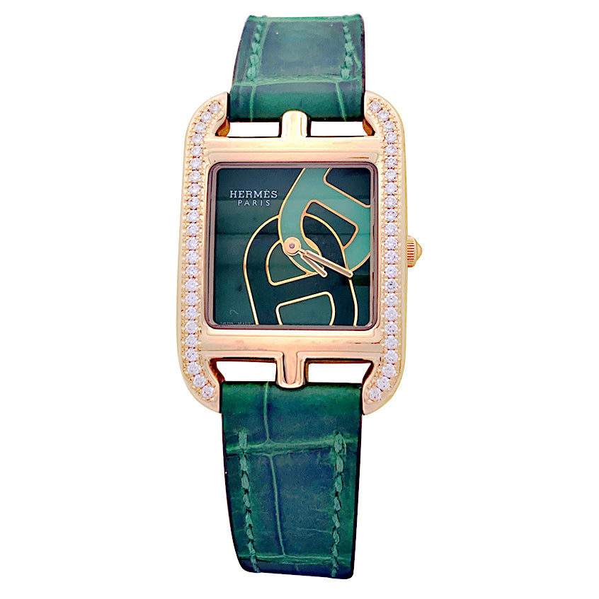 Montre Hermès, "Cape Cod", or rose, diamants, cuir.