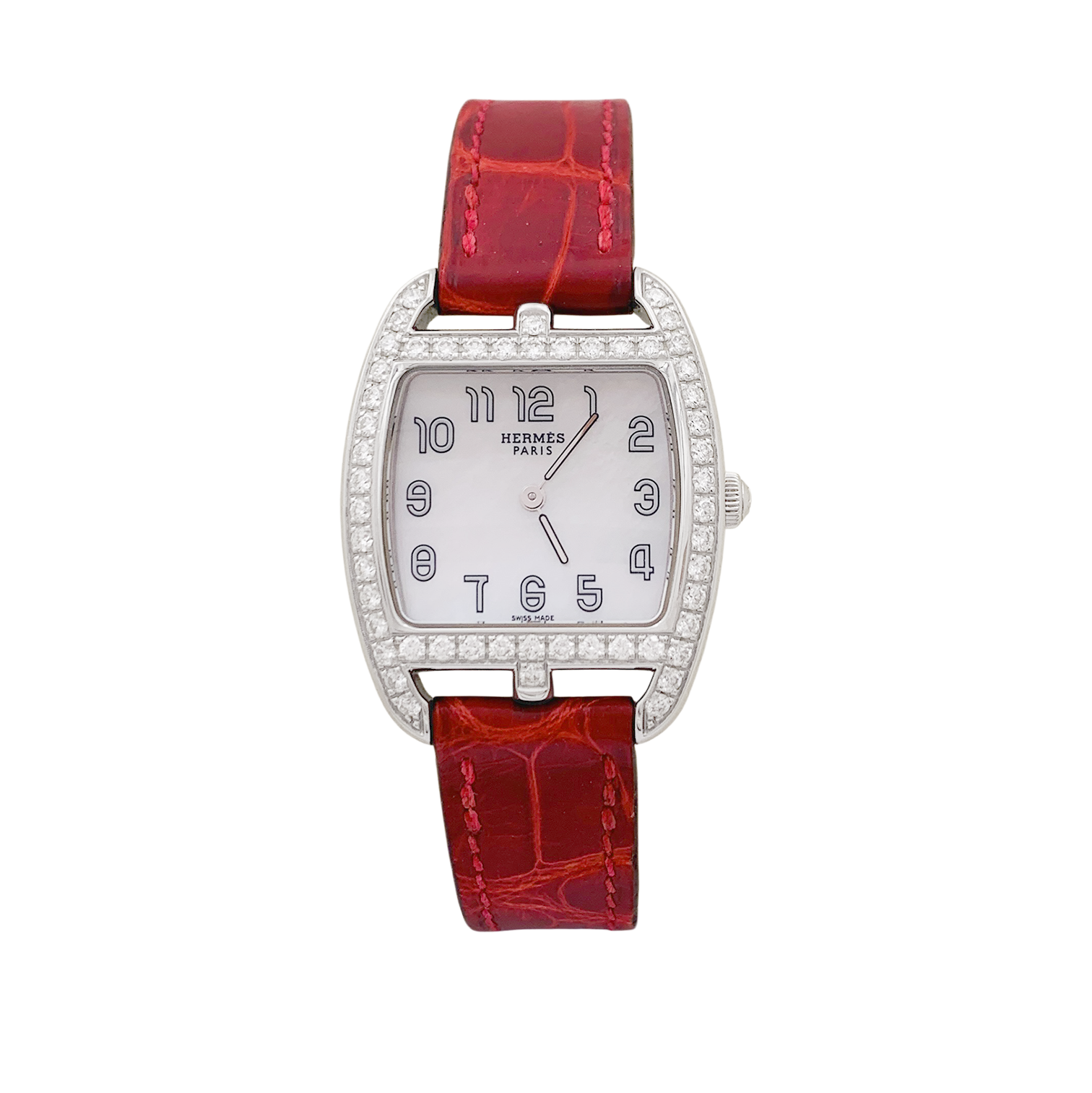 Montre Hermès modèle "Cape Cod Tonneau" en acier et diamants sur cuir.