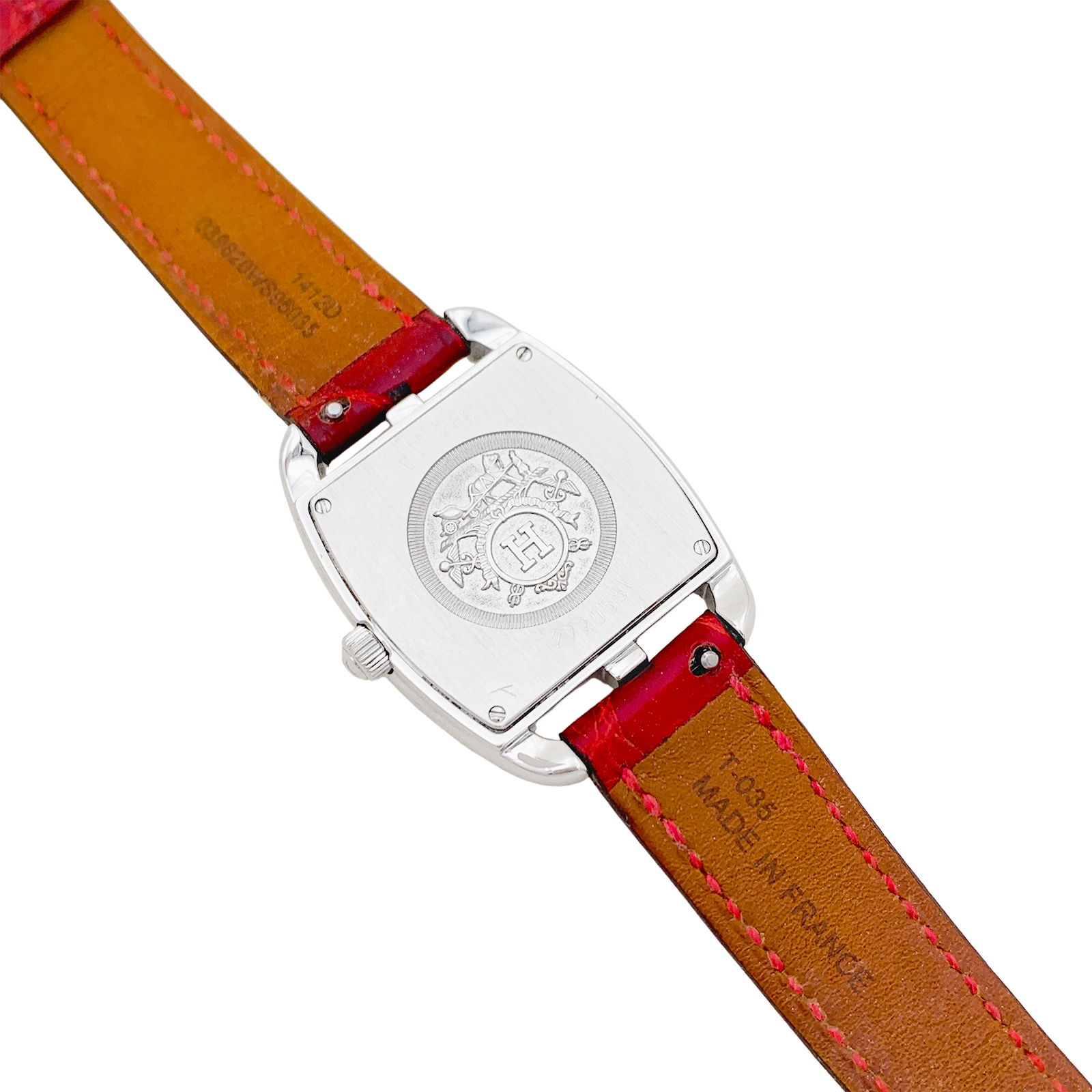 Hermès watch, "Cape Cod Tonneau", in steel and diamonds on leather.