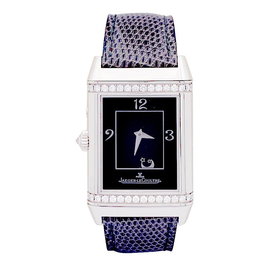 Montre Jaeger-LeCoultre, "Reverso Duetto", en or blanc et diamants.