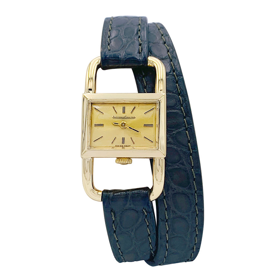 Montre Jaeger-Lecoultre, "Etrier", or jaune, cuir.