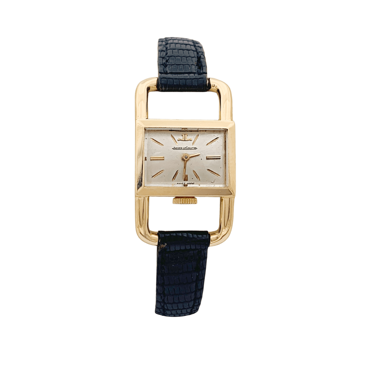 Montre Jaeger - Lecoultre, "Etrier", or rose, cuir noir - Maison Eloe