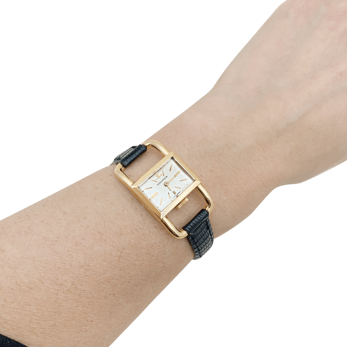 Montre Jaeger - Lecoultre, "Etrier", or rose, cuir noir - Maison Eloe