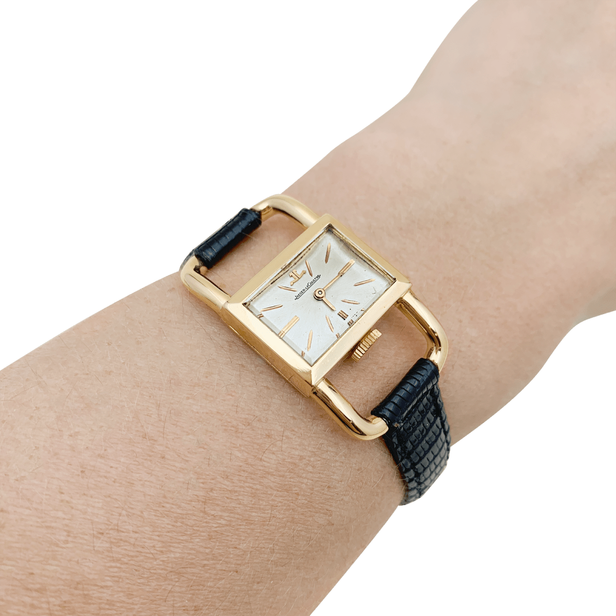 Montre Jaeger - Lecoultre, "Etrier", or rose, cuir noir - Maison Eloe