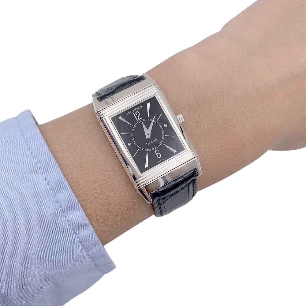 Montre Jaeger Lecoultre, "Reverso", or blanc, acier, cuir.