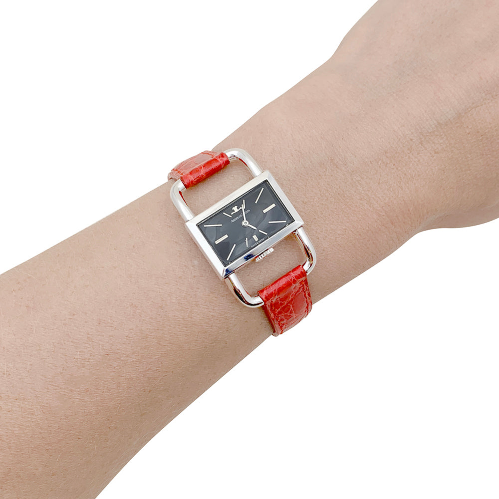 Jaeger Lecoultre & Hermès watch, "Etrier" model in steel, leather strap.