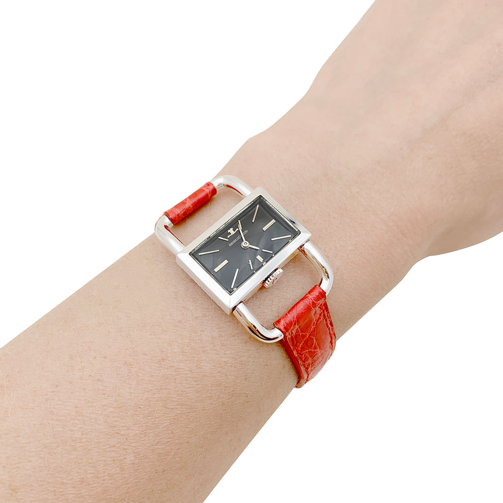 Jaeger Lecoultre & Hermès watch, "Etrier" model in steel, leather strap.