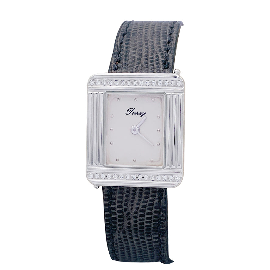 Montre Poiray, "Ma Première",  acier et diamants sur cuir.