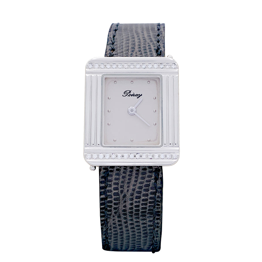 Montre Poiray, "Ma Première",  acier et diamants sur cuir.