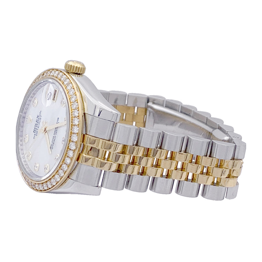 Montre Rolex, "Oyster Perpetual Datejust", or jaune, acier, nacre et diamants.