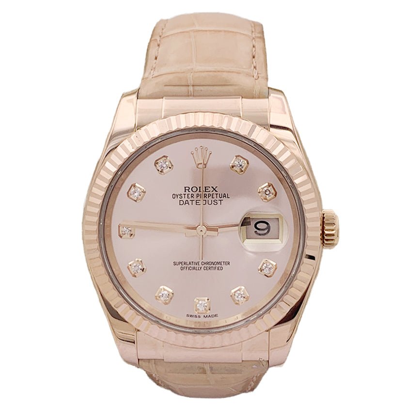 Montre Rolex, "Datejust" or rose, diamants, cuir. - Maison Eloe