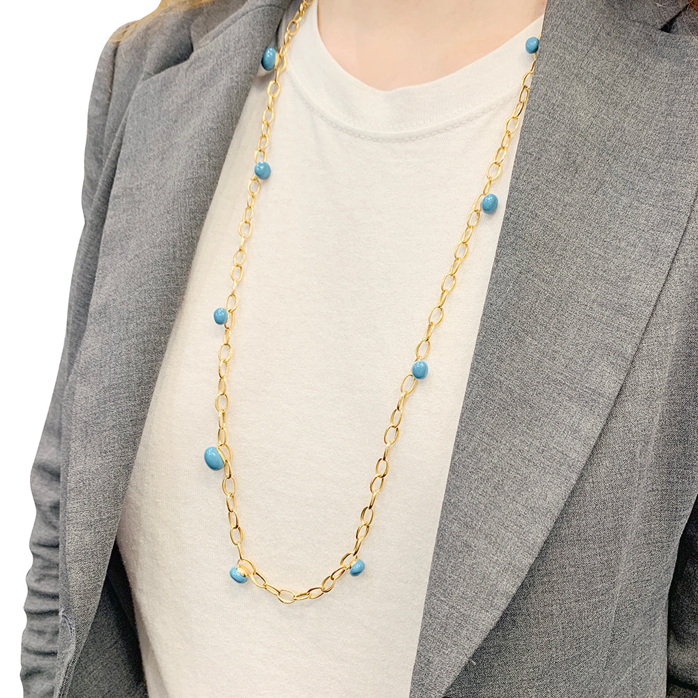 Sautoir Pomellato, "Capri", or rose, céramique turquoise.