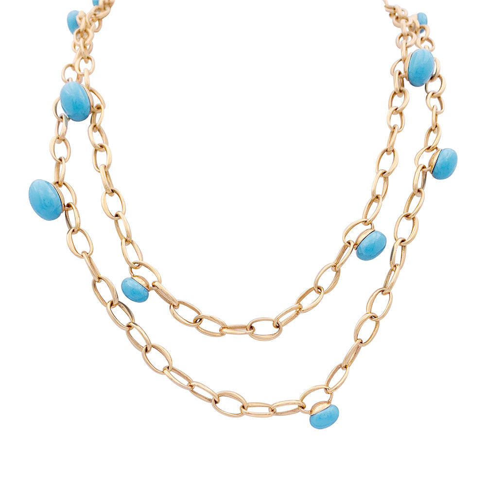 Sautoir Pomellato, "Capri", or rose, céramique turquoise.