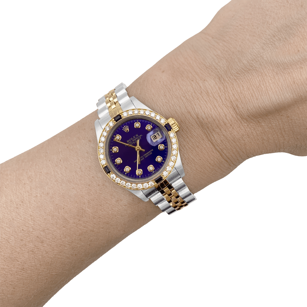 Montre Rolex, "Oyster Perpetual Datejust", or jaune, acier, diamants. - Maison Eloe