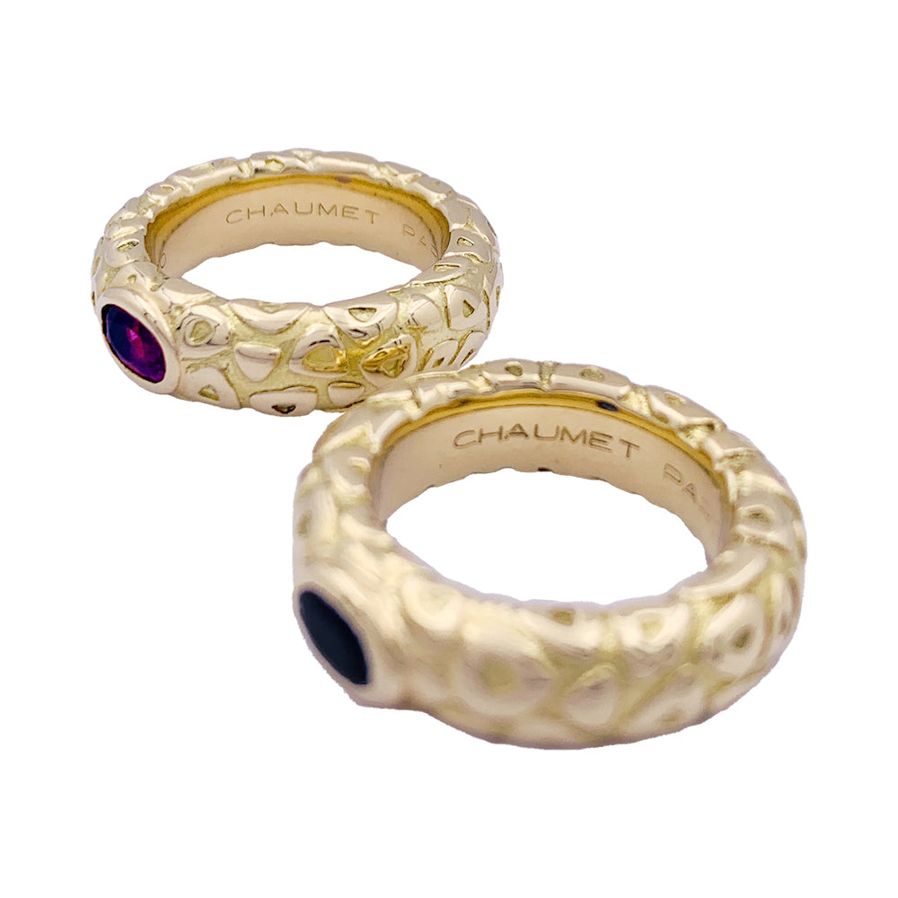 Chaumet rings, "Carrosse", yellow gold, colored sapphires.