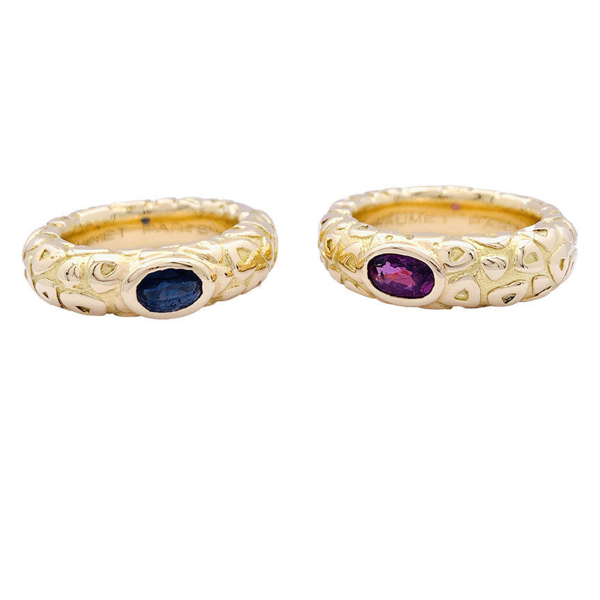 Chaumet rings, "Carrosse", yellow gold, colored sapphires.