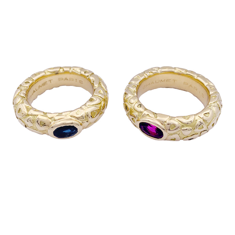 Chaumet rings, "Carrosse", yellow gold, colored sapphires.