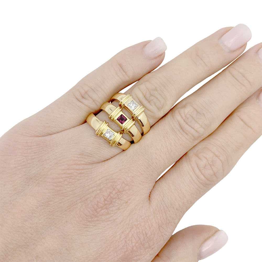 Tiffany & Co. rings, yellow gold, ruby and diamond.