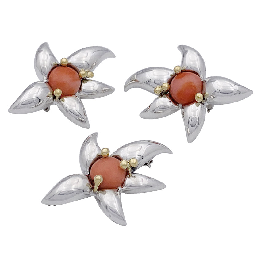 Parure Tiffany & Co. argent, or jaune, corail.