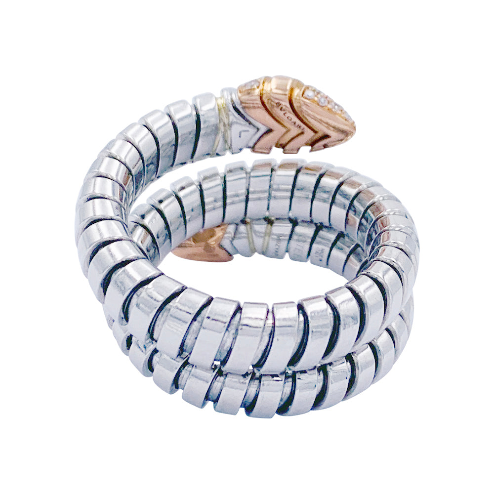 Bague Bulagri, "Serpenti", acier, or, diamants.