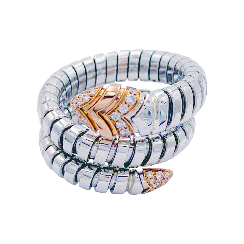 Bague Bulagri, "Serpenti", acier, or, diamants.