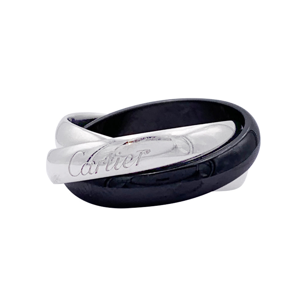 Bague Cartier, "Trinity", or blanc et céramique noire.