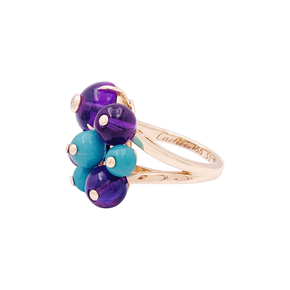 Bague Cartier, "Délices de Goa", or rose, diamant, turquoises, améthystes. - Maison Eloe
