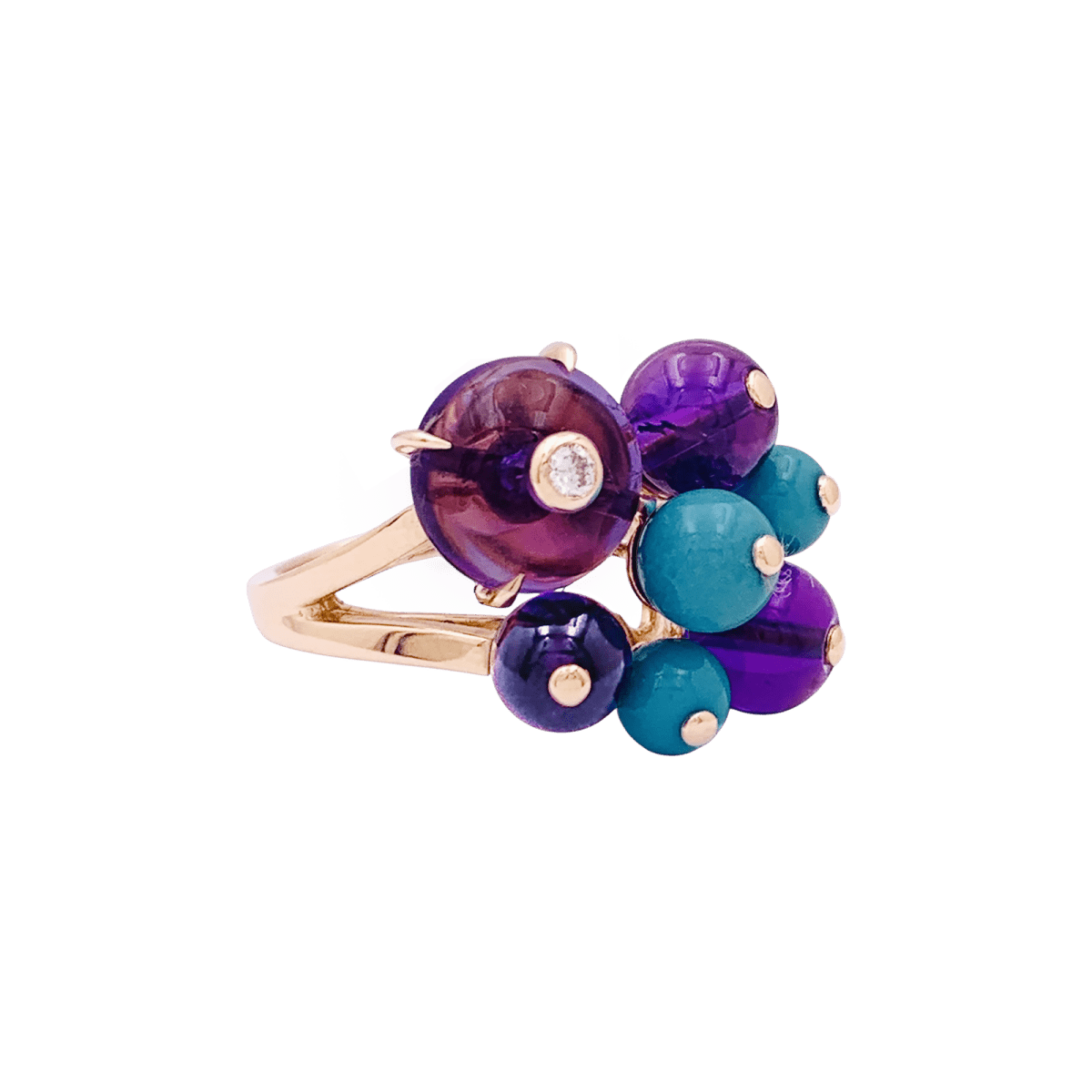 Bague Cartier, "Délices de Goa", or rose, diamant, turquoises, améthystes. - Maison Eloe