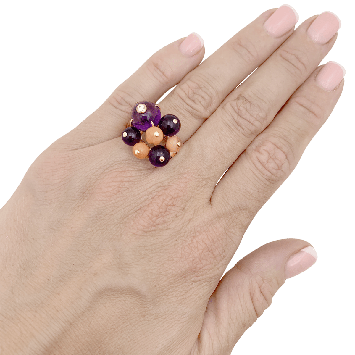 Bague Cartier, "Délices de Goa", or jaune, diamant, corail, améthystes. - Maison Eloe