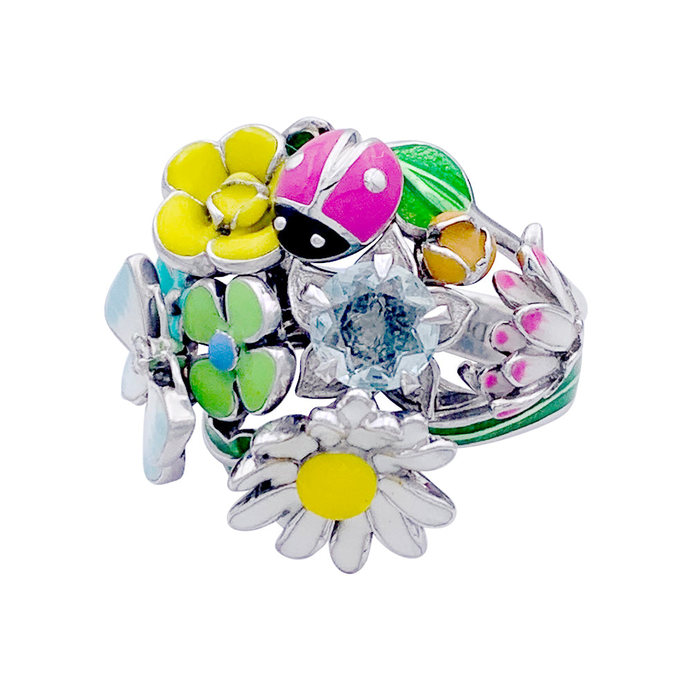 Bague Dior, "Diorette", or blanc, émail, aigue-marine et diamant.