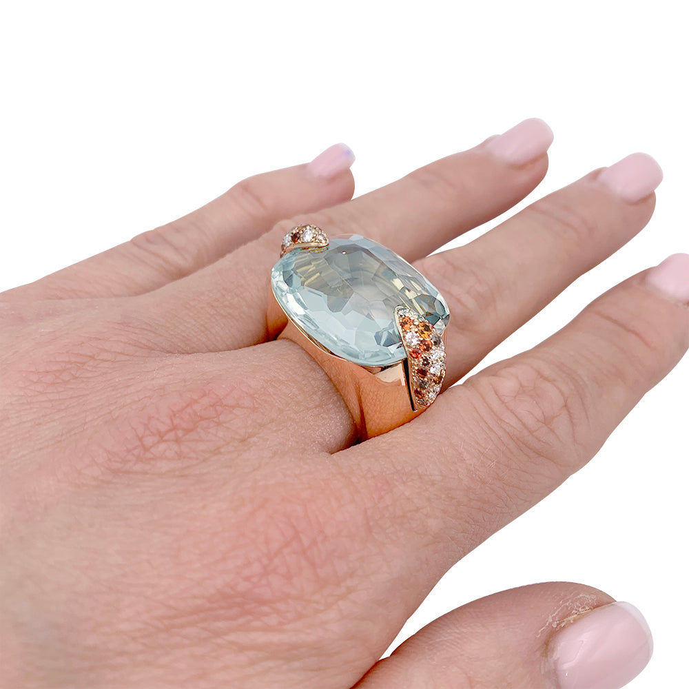 Pomellato ring, "Pin Up", pink gold, prasiolite, diamonds, garnets.
