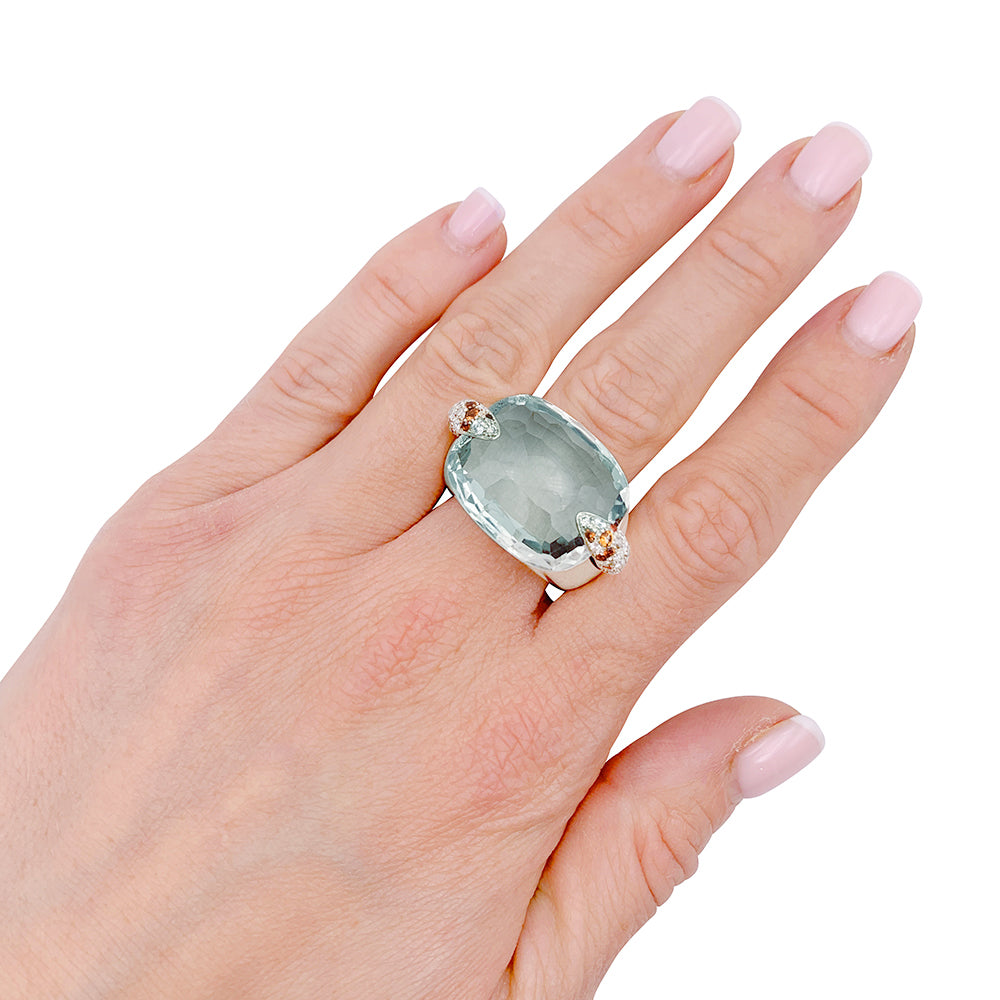 Pomellato ring, "Pin Up", pink gold, prasiolite, diamonds, garnets.