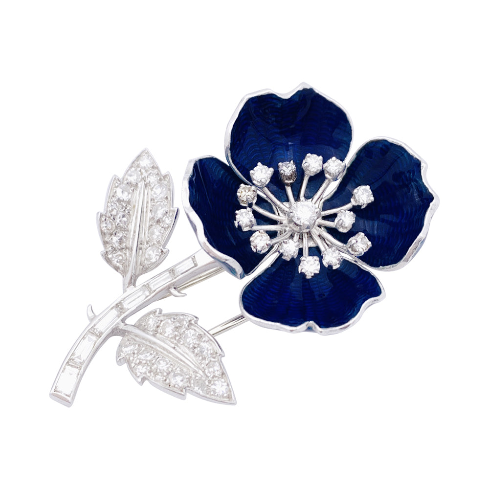Boucheron clip, "Eglantine", in white gold, platinum, enamel and diamonds.